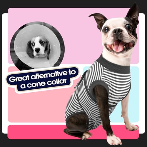 Image of FUAMEY Dog Recovery Suit Male,Dogs Surgery Neuter Suits Puppy Spay Shirts for Female Onesie for Dogs After Surgery Surgical Recovery Suit Pet Bodysuit Alternative to Cone Gray Stripes L