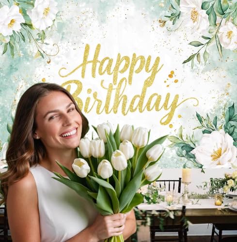 Image of Sage Green Birthday Decoration Backdrop 72X44inch Banner Greenery Eucalyptus Leaves Flower Floral Birthday Party Banner Background Party Decorations for Women Adults Girls