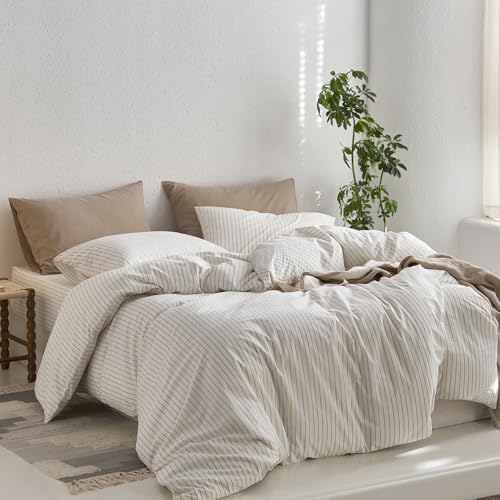 Image of MooMee Striped Duvet Cover Set 100% Washed Cotton Linen Like Textured Breathable Durable Soft Comfy (White Tannish Linen Grey Wide Stripes, Palatial King /Oversized King 120 inchx98 inch) | Relaxed Linen-like Texture. Soft, Breathable & Long-lasting Comfort. Lightweight. Hidden Zipper with 8 Interior Corner Ties