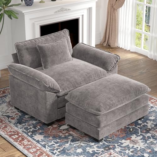 CDCASA Oversized Accent Chair with Ottoman, Chenille Comfy Cloud Sofa Chair with Large Seat and Upholstered Armrests, Modern Extra Wide Armchair Reading Chairs for Living Room,Grey
