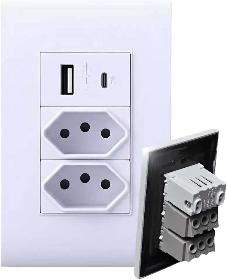 Tomada De Parede NBR 14136 Duo Com Entradas USB/USB-C 127V/220V 10A Premium