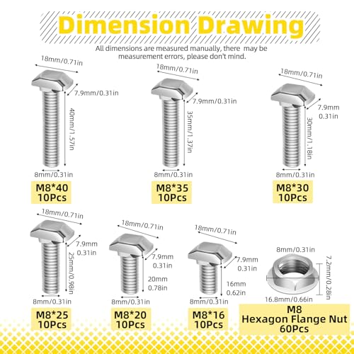 Image of 60Pcs European Standard 40 Series M8 T Slot Drop-in Bolt, M8 x 16 /20 /25 /30 /35 /40mm Hammer Head T-Slot Drop-in Stud Sliding Bolt Screw with Flange Nut for Aluminum Extrusion