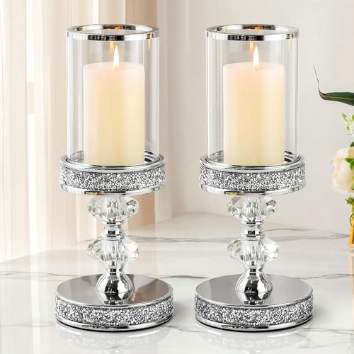 Kristall-Stumpenkerzenhalter 29.2 cm hoch Kerzenständer mit gehärteten Glasscheiben Glas Elegante Tischdeko and Wohnzimmer Deko Laterne für Indoor und Outdoor (Silber-groß 2pcs)