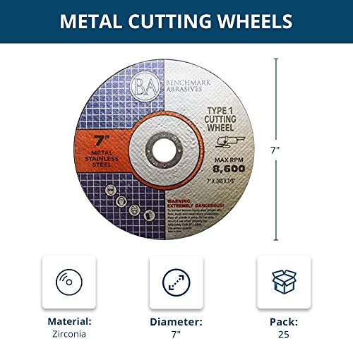 Benchmark Abrasives 7" Type 1 Cutting Wheel 0.045" Thick 7/8" Arbor For Grinding And Aggressive Cutting Of Metal & Stainless Steel Use With Grinders - 25 Pack #TOP4