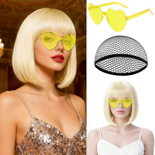 Image of MEEZY Blonde Short Bob Wigs Straight Hair with Flat Bangs Heart Sunglasses for Women, Colorful Funny Cosplay Party Neon Wig Synthetic Natural As Real Carnival Halloween Costume Party Favors