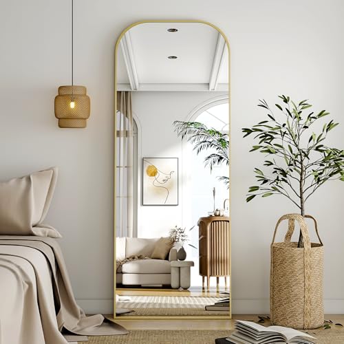 BEAUTYPEAK 142x52 cm Minimalistische Rahmen Standspiegel, Ganzkörperspiegel zur Wandmontage oder Freistehend, Bruchsichere Linse, Großer Wandspiegel für Schlafzimmer, Flur, Wohnzimmer Gold