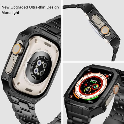 Image of BAITEYOU Stainless Steel Watch Band with Case Compatible with Apple Watch band Ultra 3 2 1 49mm, Rugged Strap with Metal Protective Bumper Cover for iWatch Bands Men (Black)