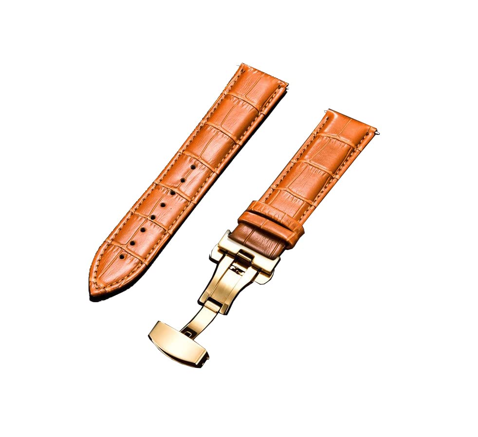 Image of 18mm 19mm 20mm 21mm 22mm 23mm 24mm Genuine Leather Butterfly Deployment Clasp Buckle Watch Band Strap Black Dark Brown TAN Blue Rose Black Gold White