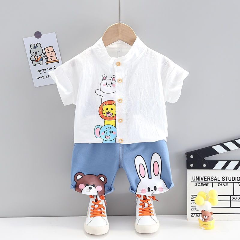 Image of Bold N Elegant Boys Cartoon Cotton Shirt Denim Shorts Set