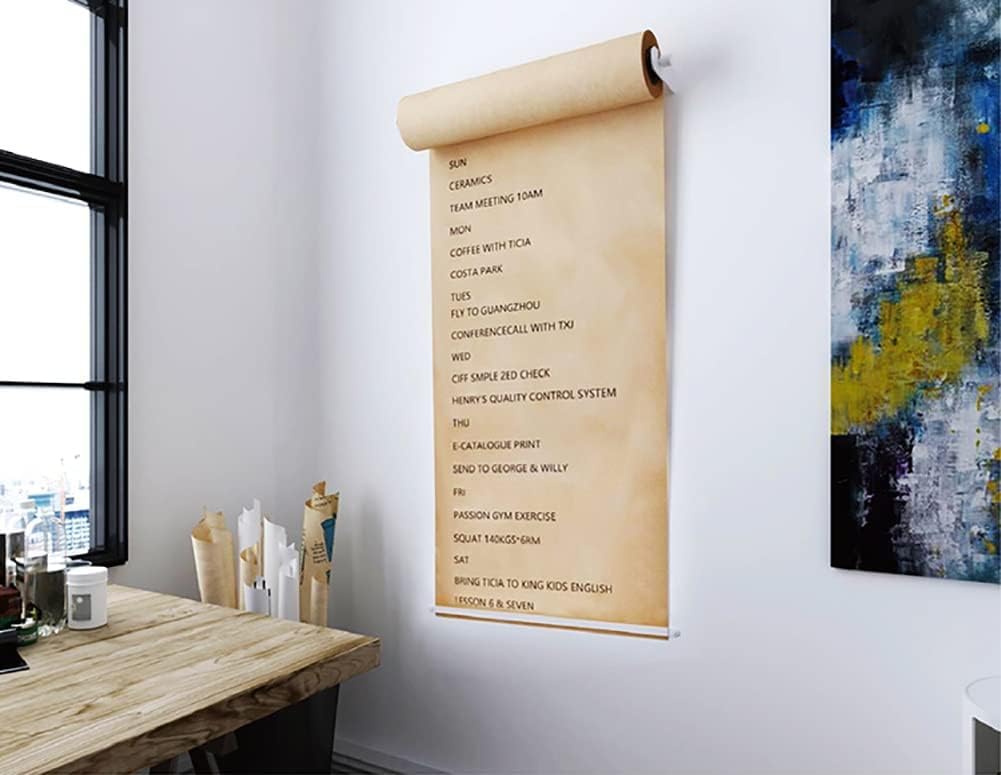 Petit distributeur et coupe-notes autocollantes - Rouleau de papier kraft à fixalantes - Rouleau de papier kraft à fixation murale pour salle à manger/chambre d'enfants/magasin/école (blanc)