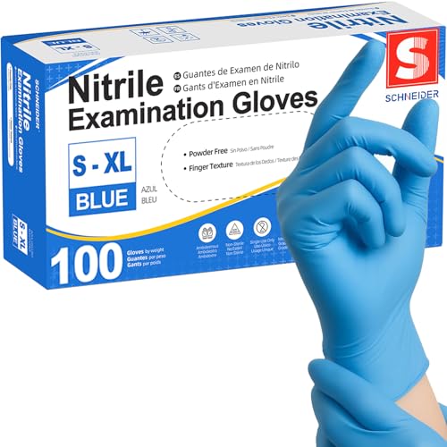 Schneider Nitrile Exam Gloves, Blue Disposable Gloves Latex Free Powder Free for Medical, Cooking, Cleaning, and Food Prep (Small, 100)