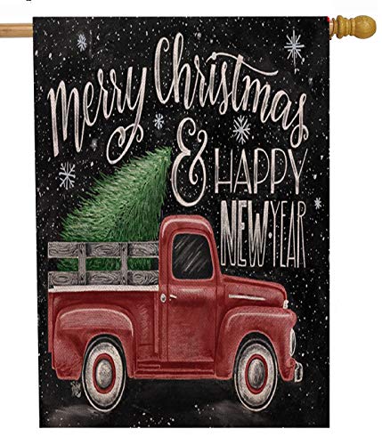 Selmad Merry Christmas 28 x 40 House Flag Red Truck Double Sided Rustic Winter Xmas Farmhouse Quote Burlap Garden Yard Pickup Decor Happy New Year 2025 Holiday Seasonal Decorative Outdoor Large Flag