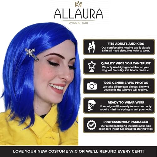 Image of ALLAURA Blue Bob Coraline Wig Adult for Women - Cosplay Hair with Dragonfly Hairclip, Fits All - Compatible with Blue Coraline Wig