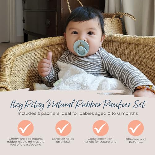Image of Itzy Ritzy Natural Rubber Newborn Pacifiers - Baby Pacifiers with Cherry-Shaped Nipple & Large Air Holes for Added Safety - Set of 2 Binkies in Harbor & Coast (Ages 0 - 6 Months)
