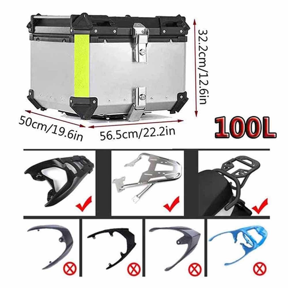 Top Case Box Moto Aluminium 28L 36L 45L 55L 65L 80L 100L Coffre pour Moto en étanche, Topcase Valise Moto pour Moto Design Étanche Base À Dégagement Rapide Support De Montage(Noir,100L)