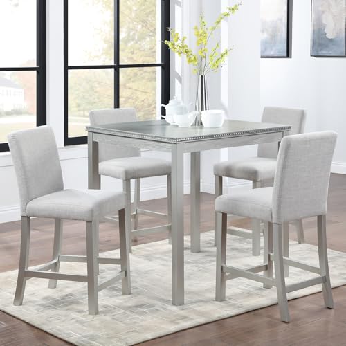 Image of KEIKI 5-Piece Counter Height Dining Table Set with Square Table and 4 Upholstered Chair, for 4 Person, Modern Crystal Decoration Wooden Table Set, Easy Assembly, for Kitchen, Dining Room, Silver Grey