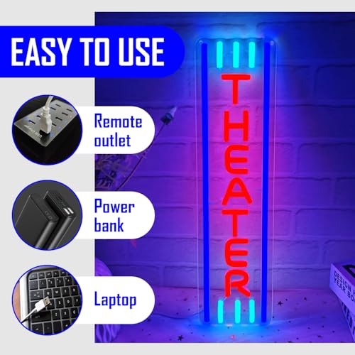 Image of Theater Neon Sign Movie Theater Decor Movie Night Led Sign Home Movie Theater Neon Sign for Wall Decor Home Theater Accessories Neon Light Up Sign for Theater Movie Night Party Movie Room Film Room
