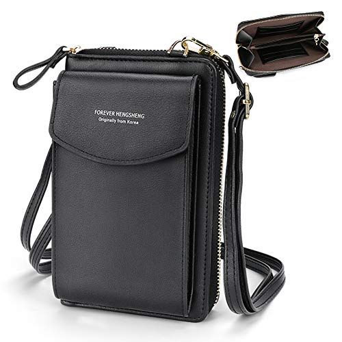 WIOR Umhängetasche für Frauen mit Handyfach und Kreditkartenfächern, Frauen PU schwarz Crossbody Wallet Handytasche Geldbörse mit abnehmbarem Schultergurt für Reisen, Shopping, Dating, Camping, Party