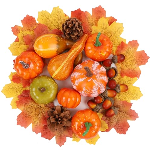 winemana Fall Decorations for Home-6pcs Mini Pumpkins & 2pcs Gourds, 30pcs Autumn Leaves & 10pcs Acorns, 2pcs Pinecones Centerpiece Set -Thanksgiving Harvest Decor for Table, Mantel, Party Backdrop