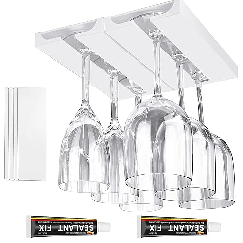 ROLMZJX 2 Piezas Soporte para copas de vino, Estante Copas Vino Debajo Gabinete,Colgador Copa Vino,Soporte Copas Colgante Sin Tornillos, para Hogar, Bar, Cocina, Restaurante (Blanco)
