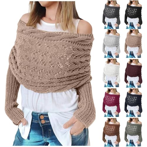 Scarf with Sleeves for Women Knitted Double Sleeve Sweater Scarf Multifunctional Cable Wrap Crochet Cocoon Shrug