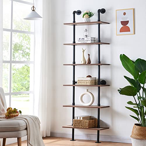 Hombazaar Industrial Bookshelf 6-Tier Modern Ladder Shelf, Vintage Metal Pipes And Wood Shelves, Rustic Display Bookshelf For Storage Collection, Oak Brown #TOP3