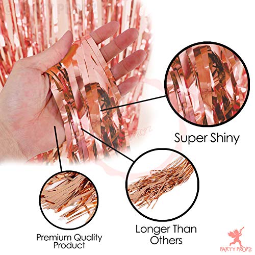 Image of Party Propz Large Rose Gold Foil Curtains For Decorations - 4 Pcs (3.3ft x 8.2 ft each) Huge Rose Gold Curtains For Birthday Decoration | Rose Gold Birthday Decorations | Birthday Foil Curtains
