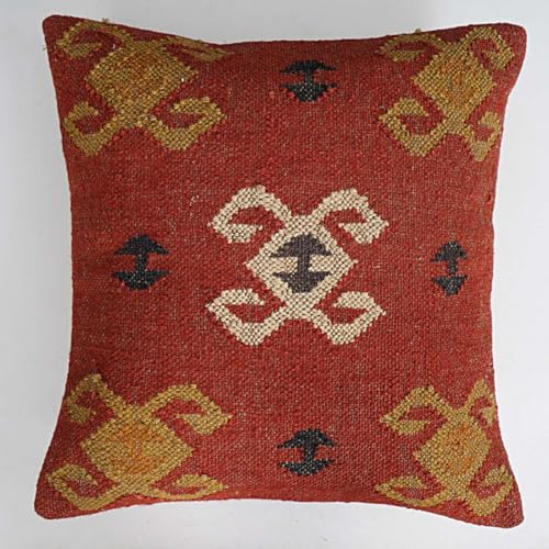Radharani Arts Indian Handwoven Kilim Pillow Cover 18x18 Square Indian Outdoor Cushions Cover Decorative Throw Pillow Cases Jute Wool Cushion Cover Boho Pillow Shams for Home Decor (Red)