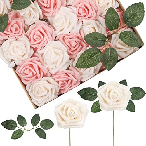 50pcs Artificial Flowers Roses Real Touch Fake Roses for DIY Wedding Bouquets Bridal Shower Party Home Decorations (Ivory&Pink)