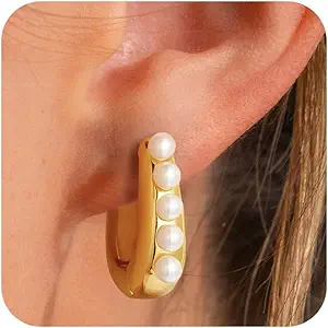 Pearl Earrings for Women - Dainty Gold Earrings Trendy 14K Gold Plated Freshwater Pearl Dangle Hoop Stud Earrings for Women Wedding Jewelry Gift for Women