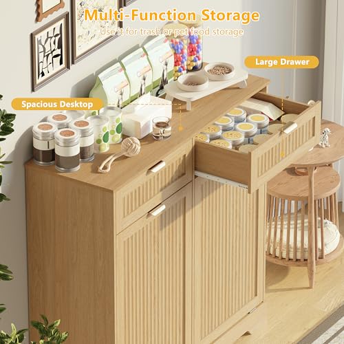 Image of Double 13 Gallon Tilt Out Trash Can Cabinet,Garbage Cabinet with Drawer | Hidden Garbage Storage with Fluted Design, Drawer & Hooks for Kitchen, Dining Room and Small Space Organization,Natural Oak