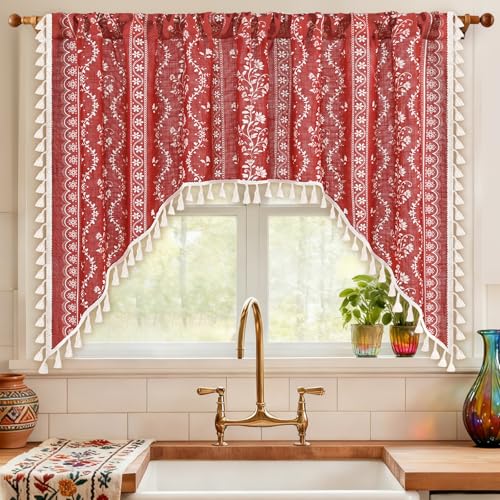 Image of Yinhua Boho Swag Valance Curtains Vintage Linen Valances for Windows Light Filtering Floral Kitchen Valance Rod Pocket Farmhouse Rustic Tassel Window Valances for Bathroom Cafe, 60 inch W x 36 inch L, Red