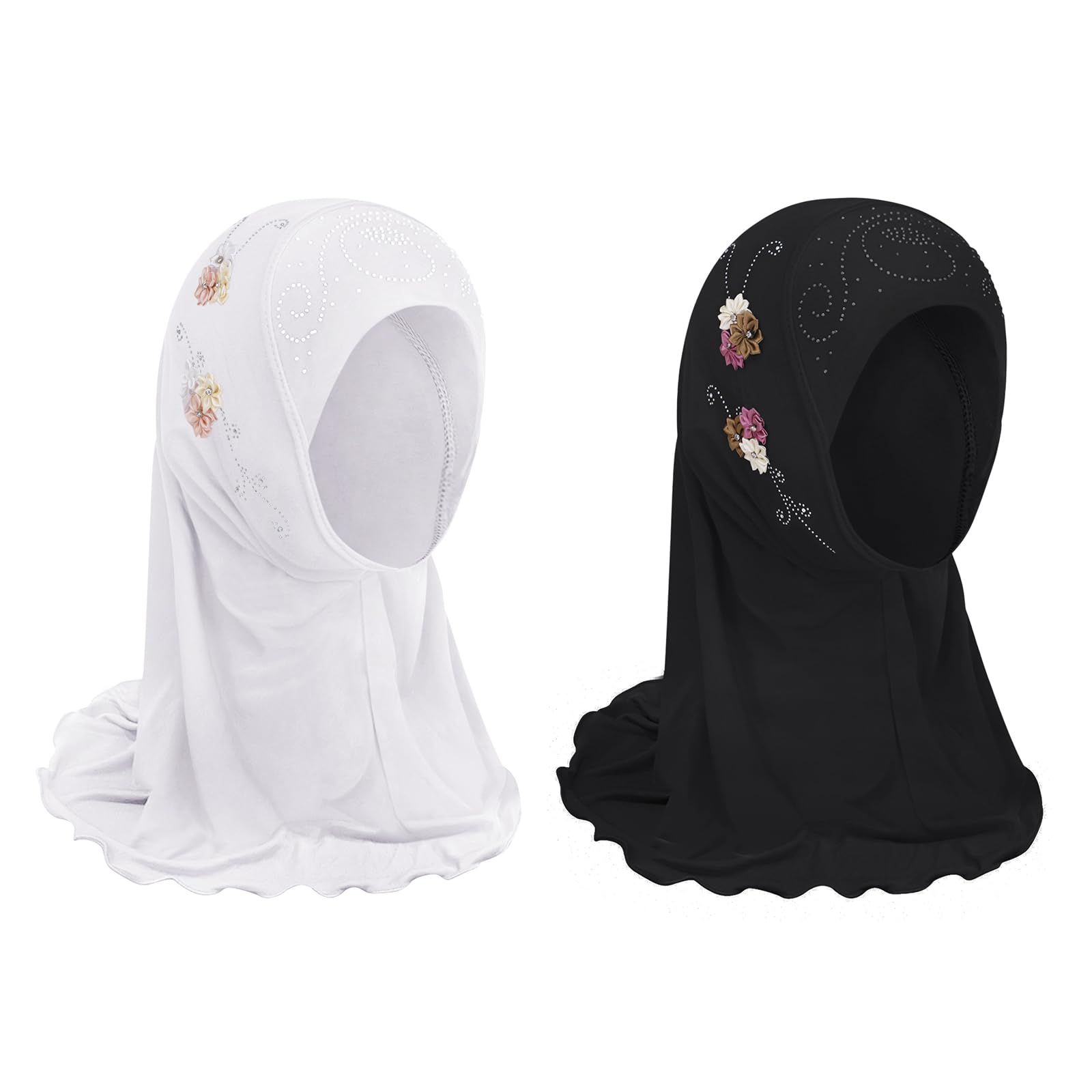 Ylucky Girls Muslim Hijab Floral Lace Head Scarf Kids Islamic Arab Scarf Shawls Head Wrap with Flowers (black+white-floral 2PCS)