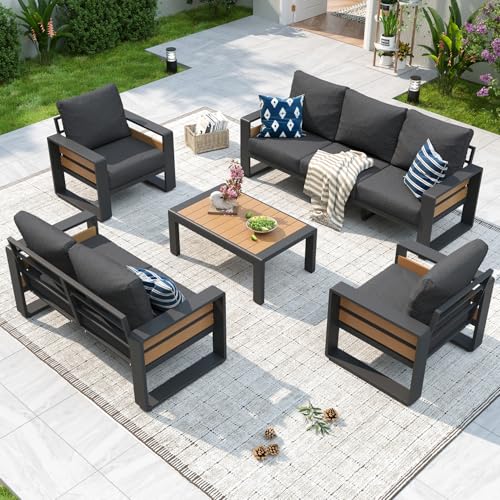Aoxun Aluminum Patio Furniture Set, 5 Piece Luxury Outdoor Sectional with 6' Olefin Fabric Cushions, Patio Conversation Sets with Coffee Table and Waterproof Cover for Backyard, Porch Dark Grey