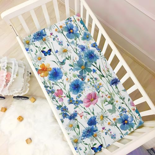 Image of Crib Sheet Breathable Soft Crib Mattress Sheet for Baby Toddler Boys Girls Fitted Crib Sheet Fit Standard Crib Mattress 39 x 27 Inch Watercolor Cornflower Daisy
