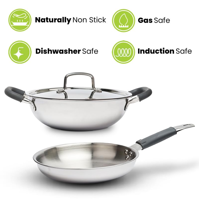 Image of Allo Stainless Steel Triply Cookware Set | Kadai with Lid (22 Cm /3 L)+ Fry Pan (22 Cm /1.5L) | Perfect Cooking Combo for Curry /Stir-Fry /Deep-Fry /DryVeg /SautA Induction Friendly Set of 3Pcs | Nonstick
