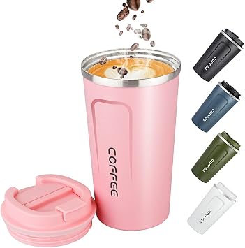 17oz 500ml Vacuum Insulated Travel Mug, Leakproof Double Wall Stainless Steel Reusable Coffee Cup with Lid for Hot & Cold Drinks, Pink