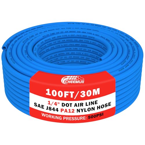 Image of CheeMuii 100 FT 1 /4 inch DOT Air Line Blue 1 /4 PA12 Nylon Pneumatic Tubing 30.5 Meter 1 /4 Inch OD Pneumatic Air Tubing Pipe Hose Line for Semi Truck Trailer or Industrial Air System