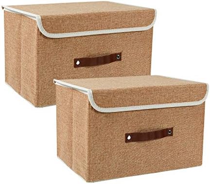 Storage Bin with Lid, Zonyon Fabric Foldable Storage Cube Box,Closet Organizer,Nursery Hamper Basket with Handle for Home, Entryway, Bedroom, Playing room, Office, Living Room,Khaki,2 Packs