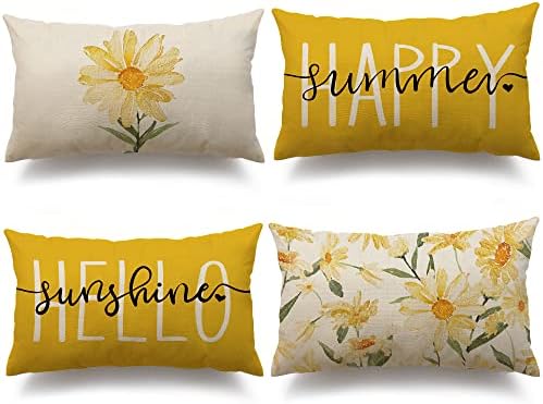 DFXSZ Summer Pillow Covers 12x20 Set of 4 Watercolor Daisy Throw Pillow Covers Hello Sunshine Summer Yellow Outdoor Décor Cushion Case Decoration for Home Couch Chair Sofa