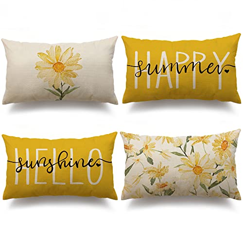 Dfxsz Summer Pillow Covers 12X20 Set Of 4 Watercolor Daisy Throw Pillow Covers Hello Sunshine Summer Yellow Outdoor Décor Cushion Case Decoration For Home Couch Chair Sofa #TOP1