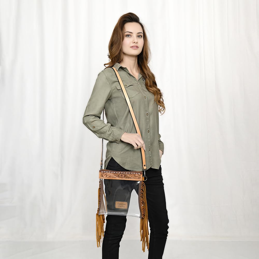 American Darling Women's Multi-colored Western Clear Leather Handbag | Handcrafted Fringed Satchel | Size: 10in (H) X 10in (W)