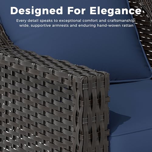 MeetLeisure 77'' Patio Sofa, All Weather Outdoor Rattan Wicker 3-Seat Sofa High Back Couch with Premium Cushions for Garden Backyard Porch(Brown/Navy)