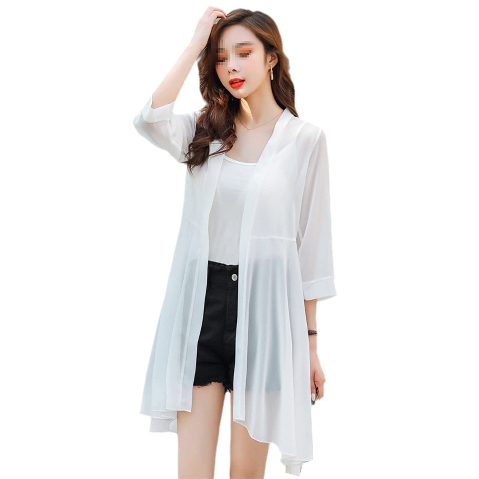 Frauen Chiffon Sonnenschutz Lange Jacke Cardigan Kimono Mantel Sommer Asymmetrisch Strand Dünnes Shirt, weiß, 46