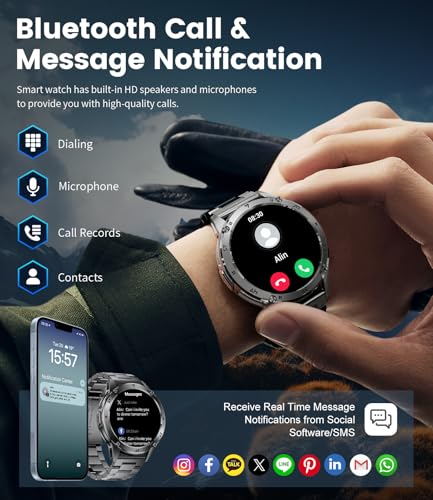 Image of LIGE Military Smart Watch for Men iPhone Android 1.43 inch HD Amoled Rugged 110+ Sport Modes IP68 Waterproof Answer /Make Call Fitness Running Heart Rate Blood Pressure Health Mens Smartwatch