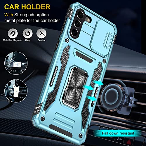 Image of Slide Camera Cover with Ring Holder Mobile Phone Case Cover for Samsung Galaxy S21 FE (Blue)
