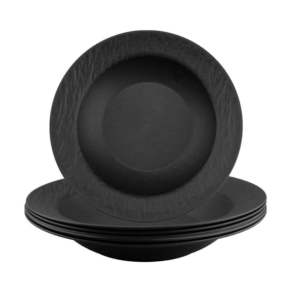 Set da 6 pezzi Piatti da Pasta 22x3,5cm Piatti Fondi in Plastica Riutilizzabili set di Piatti Nero per Pasta, Insalate, Bistecche