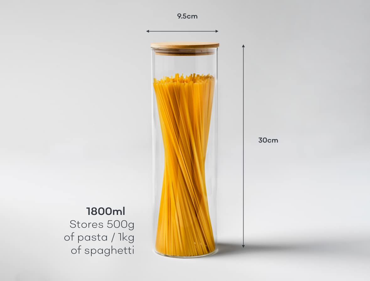 Barattoli in vetro | Set da 2 pezzi da 1800 ml | coperchi ermetici in bambù | Barattoli di vetro con coperchi | Barattoli per spaghetti | Contenitore per pasta | Contenitori per dispensa