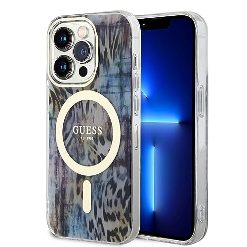 CG MOBILE Guess Magfit Coque pour iPhone 14 Pro Motif léopard Bleu