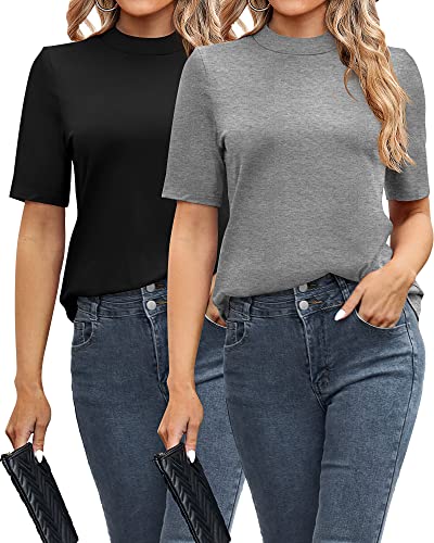 Ficerd 2 Pack Women's Tops Dressy Casual, Mock Neck Tops Half Short Sleeve Turtleneck Stretch Fitting Blouse For Women (Black/Light Grey, X-Large) #TOP1